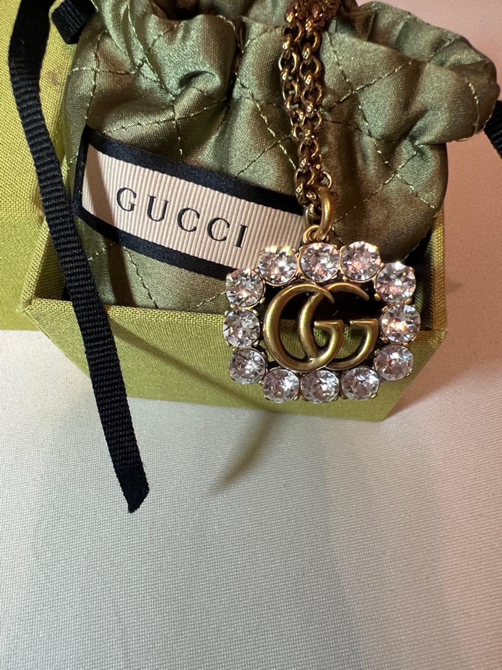 Gucci Gold and Crystal Interlocking G Pendant Necklace